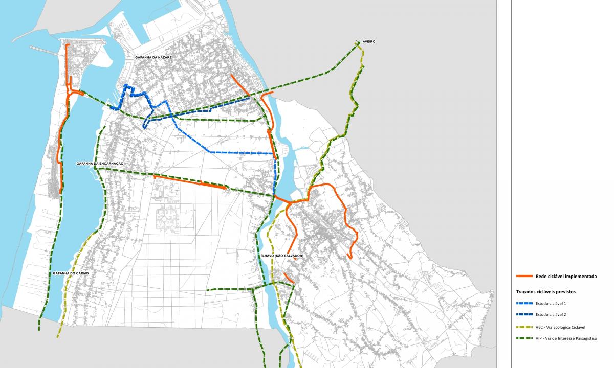 Planta com a rede ciclável projetada.